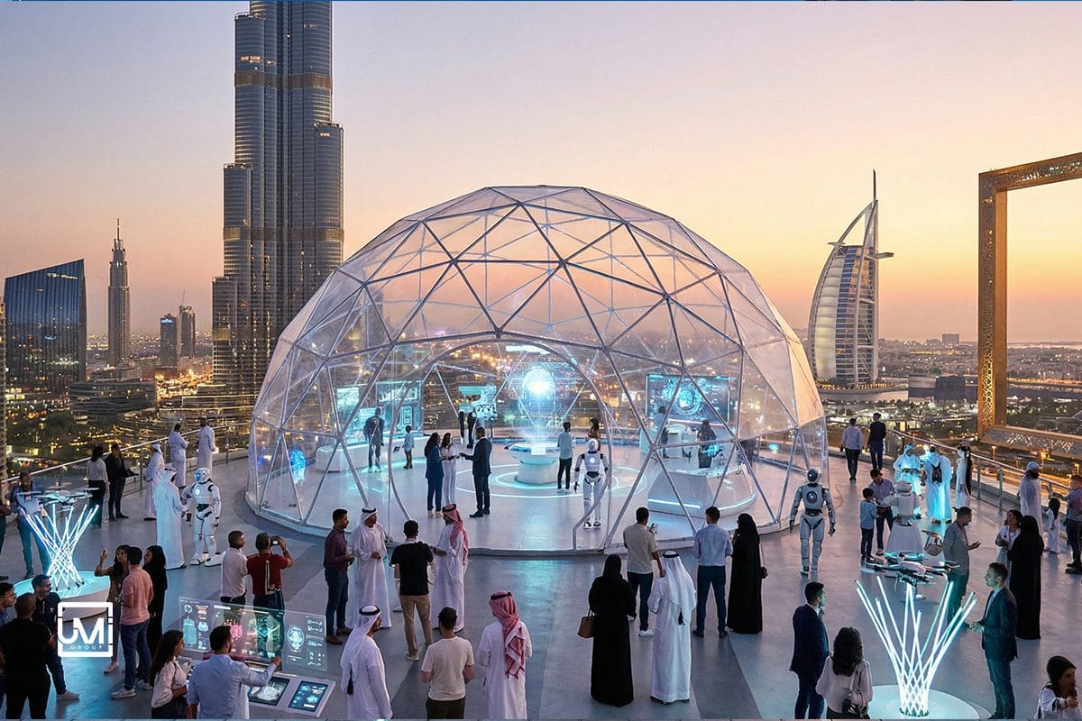 A futuristic exhibition event in Dubai featuring a transparent dome structure, interactive technology displays, and robots with the Burj Khalifa skyline in the background.