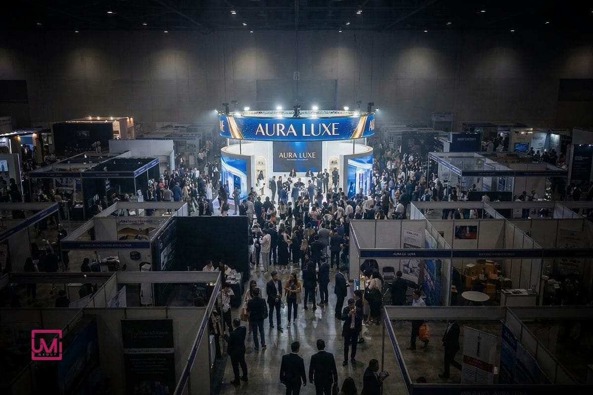 Strategic exhibition booth lighting design highlighting branded display zones in a trade show stand in Dubai or Riyadh