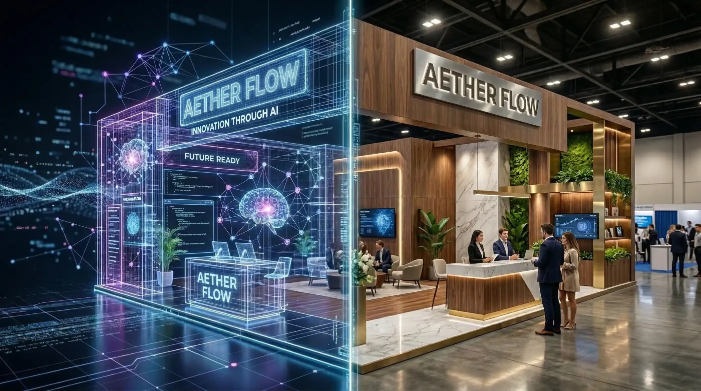 Hybrid view of AI-generated exhibition stand wireframe transitioning into a real built booth by UMI Group Dubai