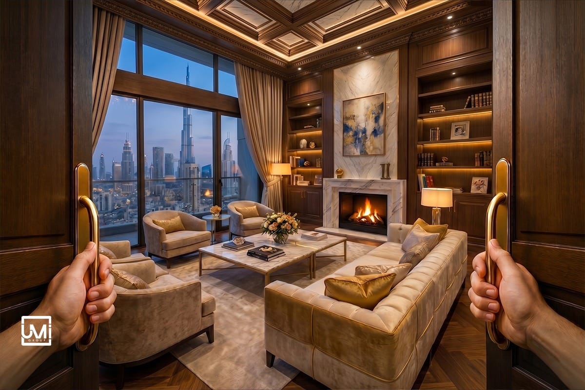 Point-of-view perspective looking through opened dark wood doors with brass handles into a luxurious contemporary-classic living room. The room has sophisticated wood paneling, a marble fireplace with a fire burning, luxurious velvet sofas and armchairs, and magnificent floor-to-ceiling windows overlooking the Dubai skyline with the iconic Burj Khalifa prominent at twilight. A UMI Group logo is visible in the bottom corner
